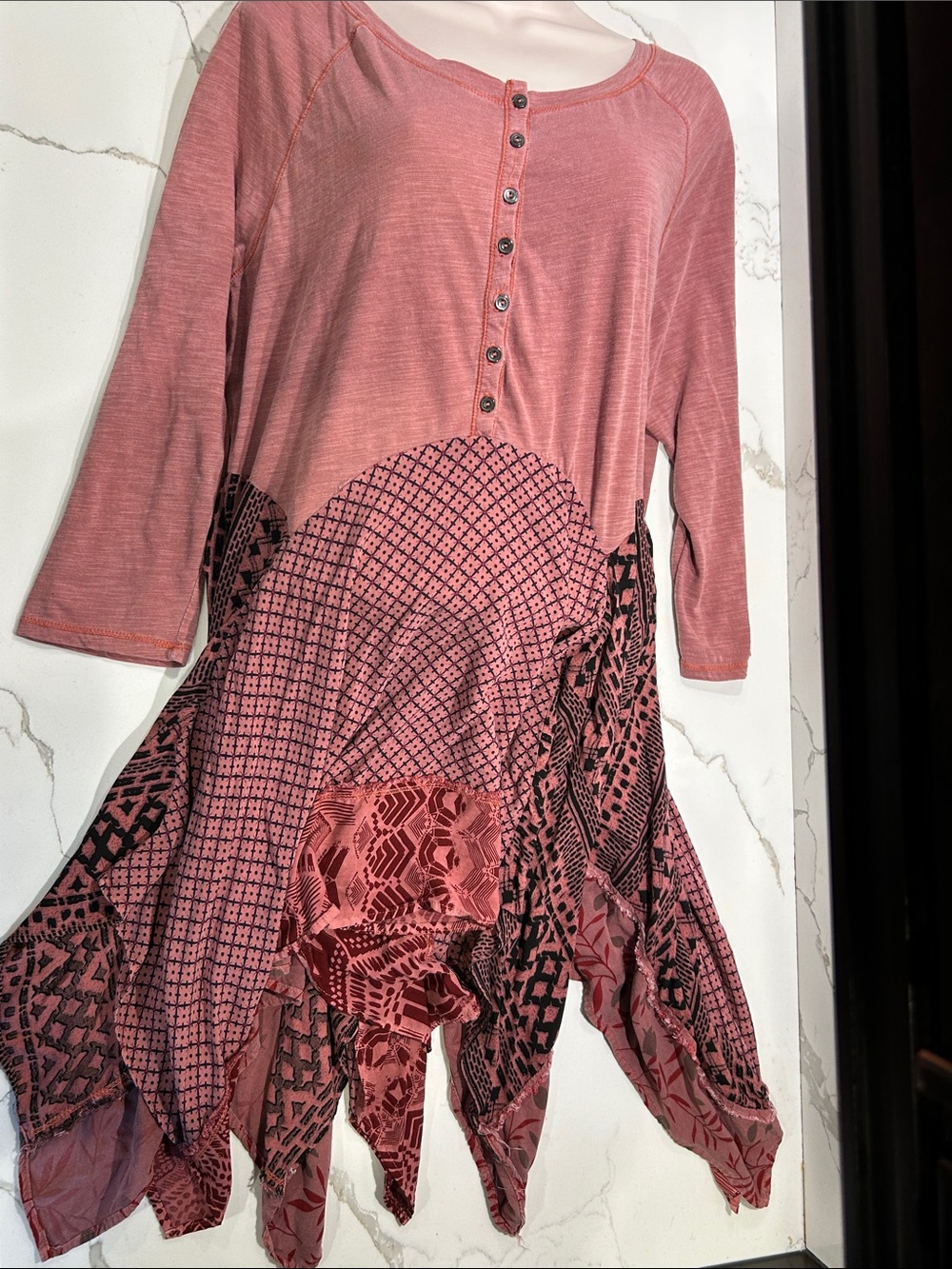 Indigo Thread Boho Rose-Pink Patterned Button Henley Tunic